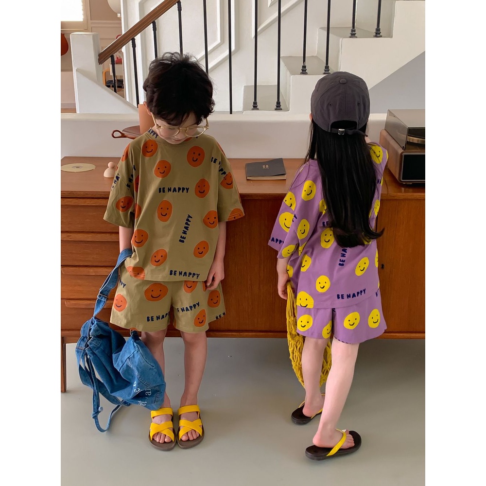 Set Áo Thun Ngắn Tay In Hình Mặt Cười + Quần short Thời Trang Cho Bé