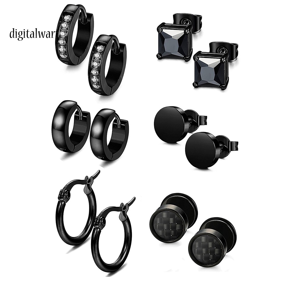 Kỹ Thuật Số| Set 6 Đôi Khuyên Tai Thép Không Gỉ Đính Đá Thời Trang Unisex