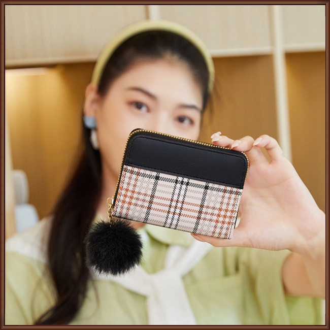 Ví Đựng Thẻ / Tiền Xu Họa Tiết Kẻ Sọc Màu Tương Phản Phối Khóa Kéo Thời Trang Cho Nữ