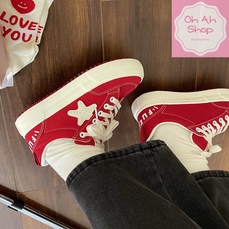 🍓  Giày Nữ Đi Học Giày Vải Canvas Màu Đỏ Hình Ngôi Sao