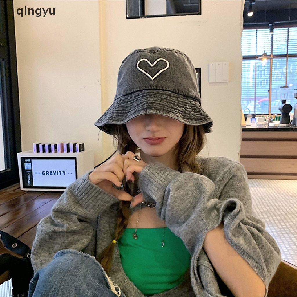 Nón Tai Bèo Denim Thêu Trái Tim Chống Gió Thời Trang Unisex