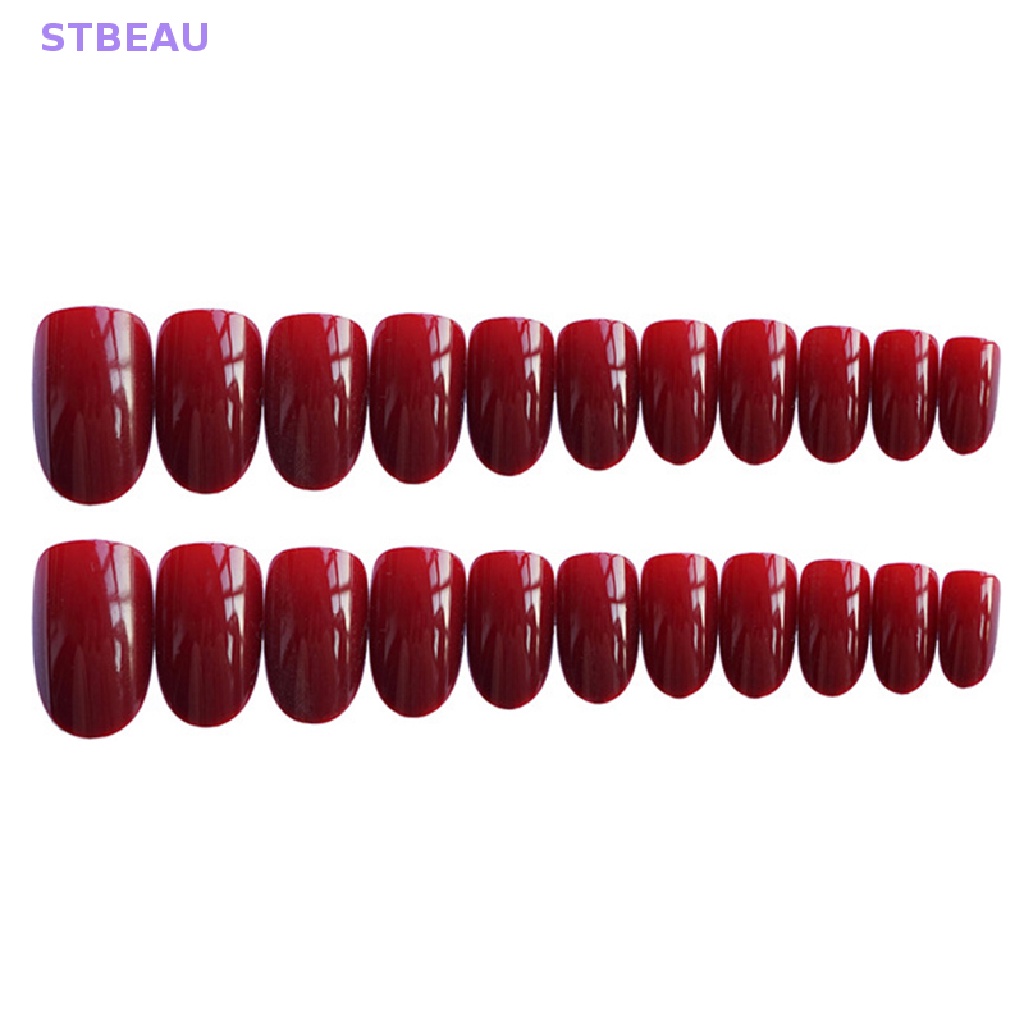 Set 24 Móng Tay Giả Đầu Tròn Màu Đỏ Rượu Vang Kèm Keo Dán