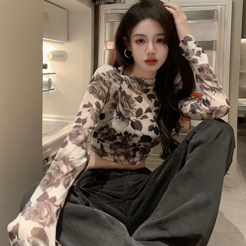 Áo Thun Tay Dài Dáng Ôm In Hoa Kiểu retro Hàn Quốc Thời Trang Mùa Hè Cho Bạn Gái