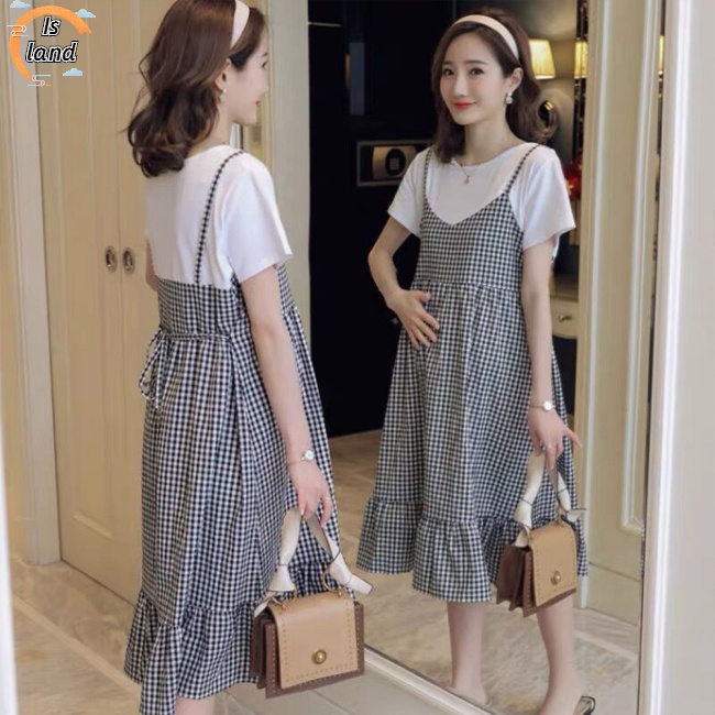 [IS] Đầm Bầu Giả Hai Lớp Bằng Vải Cotton Thoải Mái Thoáng Khí Tay Ngắn Cổ Tròn In Caro Dành Cho Phụ Nữ