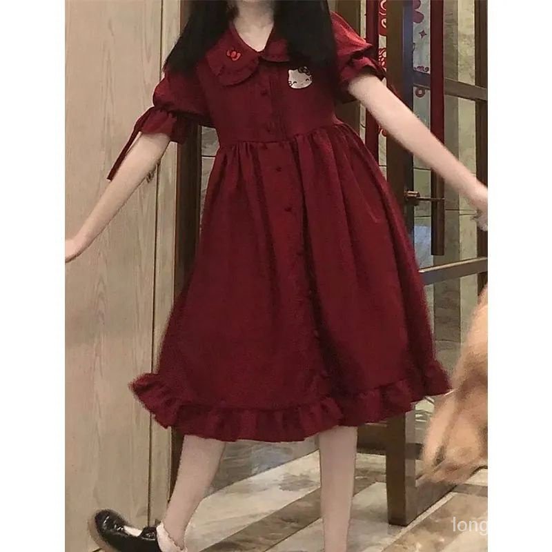 Đầm Dáng Chữ a Cổ Búp Bê Họa Tiết Mèo kitty Dễ Thương Phong Cách Nhật Bản Thời Trang Mùa Hè Cho Nữ