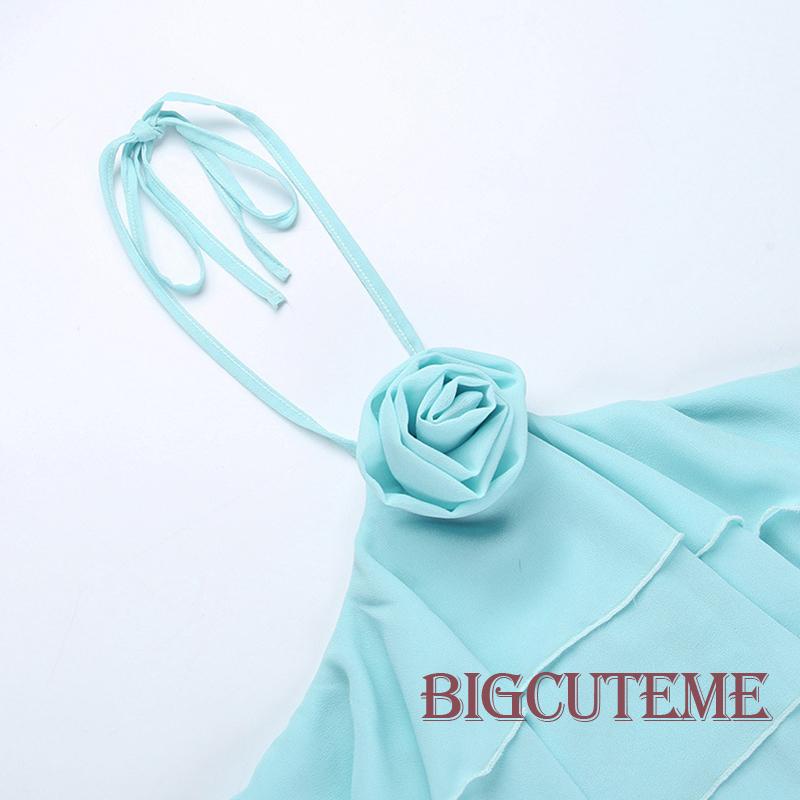 [] - Áo Không Tay Mini Mùa Hè Có Diềm Xếp Nếp Màu Trơn Họa Tiết Hoa 3D Màu Xanh Lam / Hồng / Trắng Cho Nữ