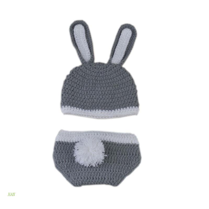 Set Đồ 2 Món Gồm Nón Và Quần Ngắn Đan Len Hình Tai Thỏ Màu Xám Dùng Chụp Ảnh Cho Bé Sơ Sinh