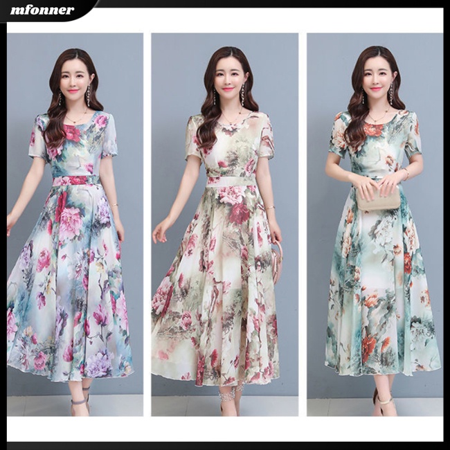 Đầm Dài Cổ Tròn Tay Ngắn Eo Cao In Họa Tiết Hoa Thời Trang Mùa Hè Xinh Xắn Cho Nữ