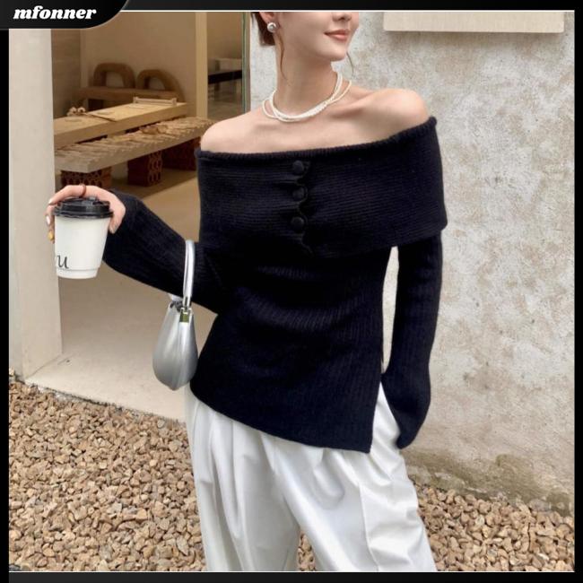 Áo Sweater Dệt Kim Trễ Vai Tay Dài Dáng Ôm Màu Trơn Thời Trang Quyến Rũ Cho Nữ