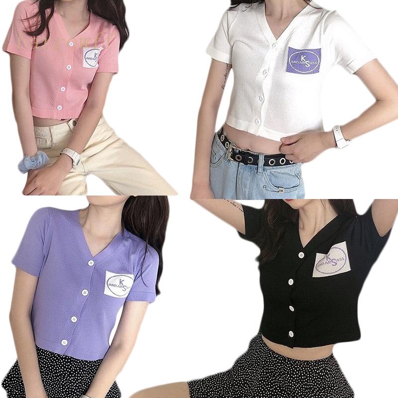 Áo Cardigan Dệt Kim Tay Ngắn Cổ Chữ V Thêu Chữ Màu Sắc Thời Trang Mùa Hè Cho Nữ