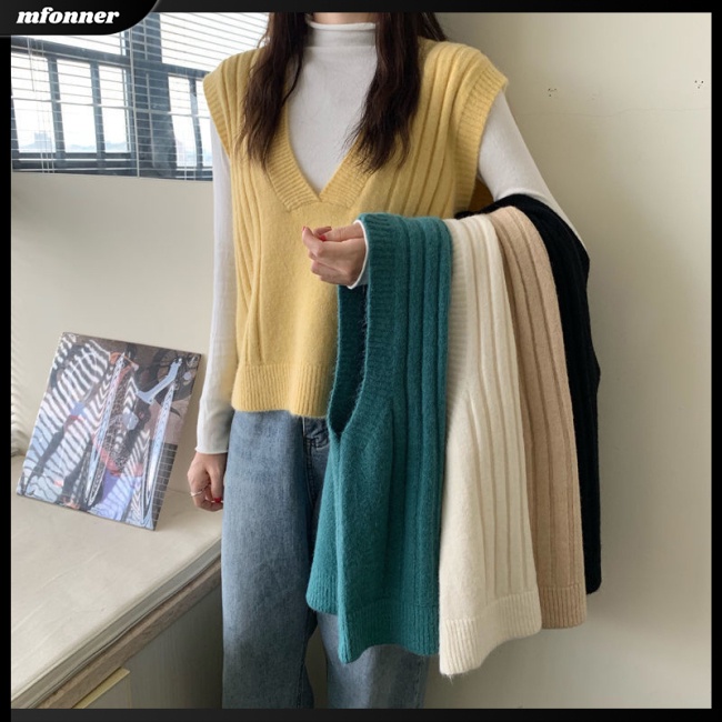 Áo Dệt Kim Sát Nách Dáng Rộng Cổ Chữ V Màu Sắc Retro Dành Cho Nữ