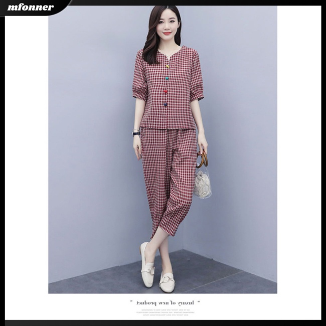 Set Đồ 2 Món Áo Croptop Tay Ngắn Và Quần Dài Họa Tiết Caro Thời Trang Cho Nữ