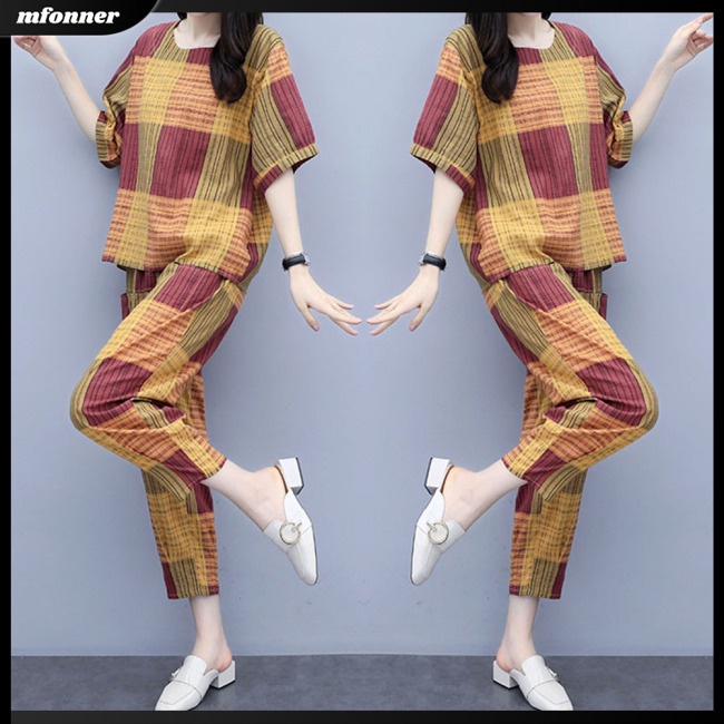 Set Đồ Mùa Hè 2 Món Gồm Áo Thun Tay Cộc + Quần Dài Thẳng Kẻ Sọc Cho Nữ