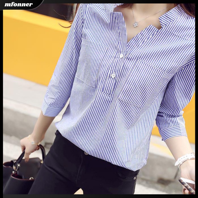 Áo Sơ Mi Kẻ Sọc 2 Nút Thoáng Khí Thời Trang Cho Nữ