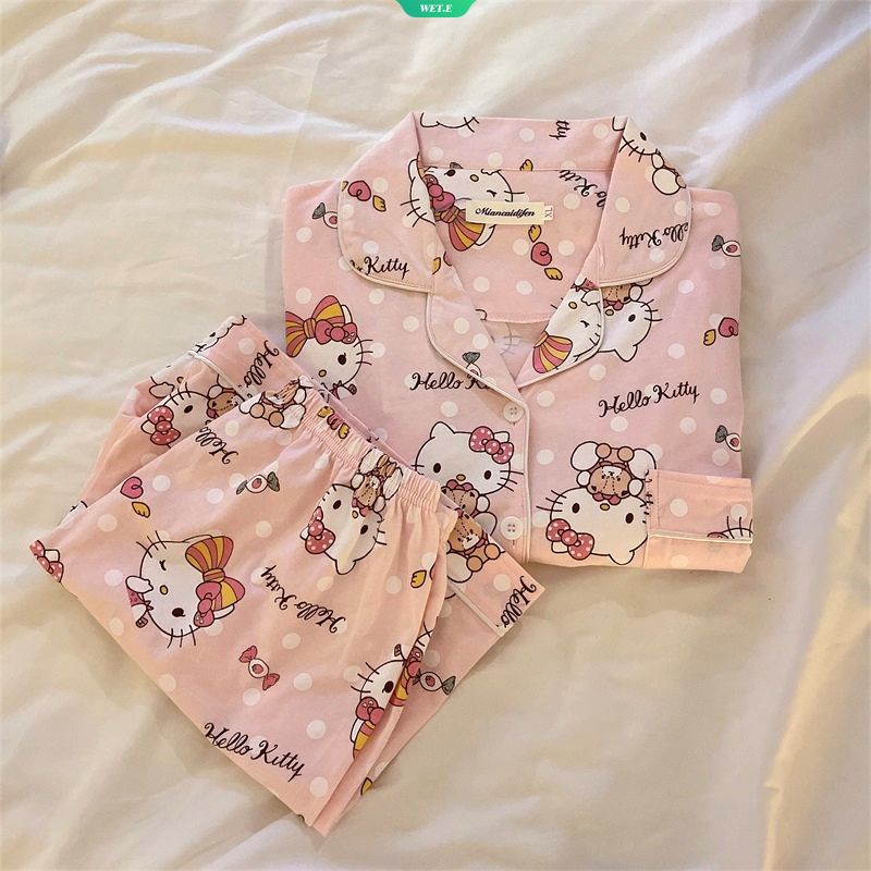 SANRIO Bộ Đồ Ngủ Tay Ngắn Dáng Rộng In Hoạt Hình Hello Kitty Kiểu Hàn Quốc Thời Trang Mùa Hè 2023 Cho Bạn Gái