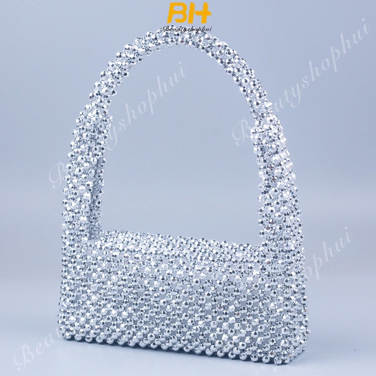 Túi Xách Đeo Vai Đính Hạt Acrylic Màu Bạc Phong Cách Mới