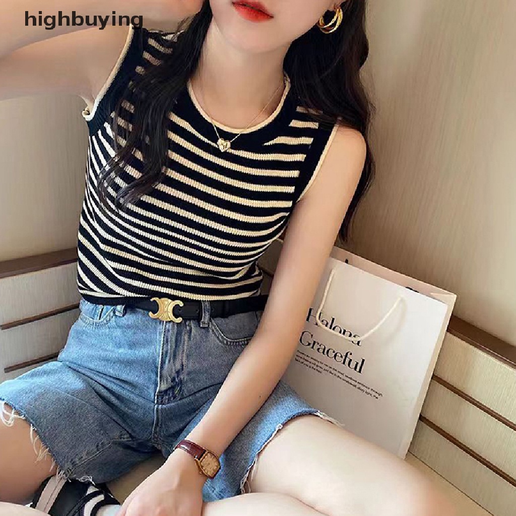 Áo Hai Dây Dệt Kim Cổ Tròn Họa Tiết Kẻ Sọc Phong Cách Retro Cho Nữ