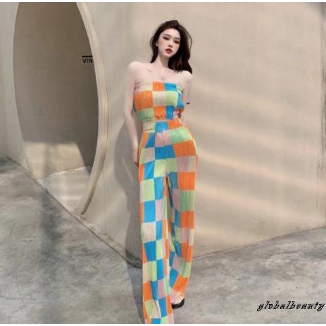 Bộ Trang Phục 2 Mảnh Gồm Áo Không Tay Áo Hai Dây Họa Tiết Kẻ Sọc Nhiều Màu + Quần Ống Rộng Lưng Cao Co Giãn Dành Cho Nữ