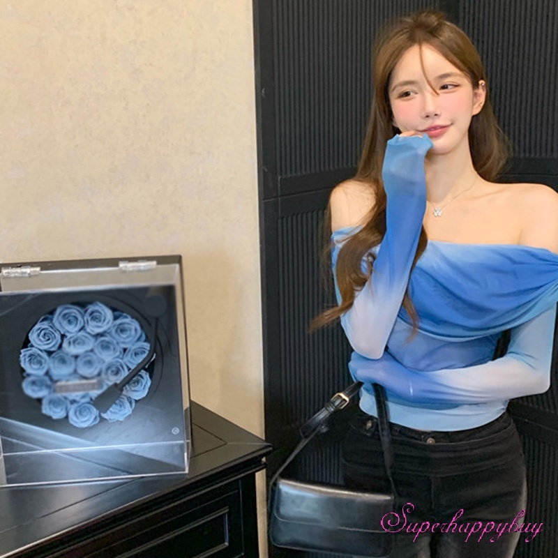 Áo Thun Tay Dài Hở Vai Màu Nhuộm Phối Lưới Thời Trang Quyến Rũ Cho Nữ