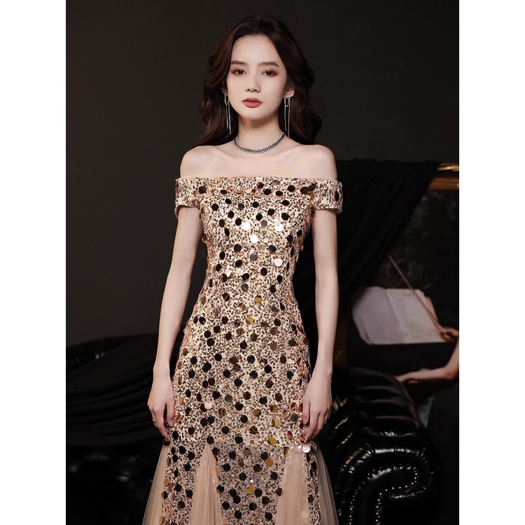 Đầm Dự Tiệc Dáng Dài Đính Kim Sa Vàng Lấp Lánh Thời Trang Sang Trọng Cho Nữ