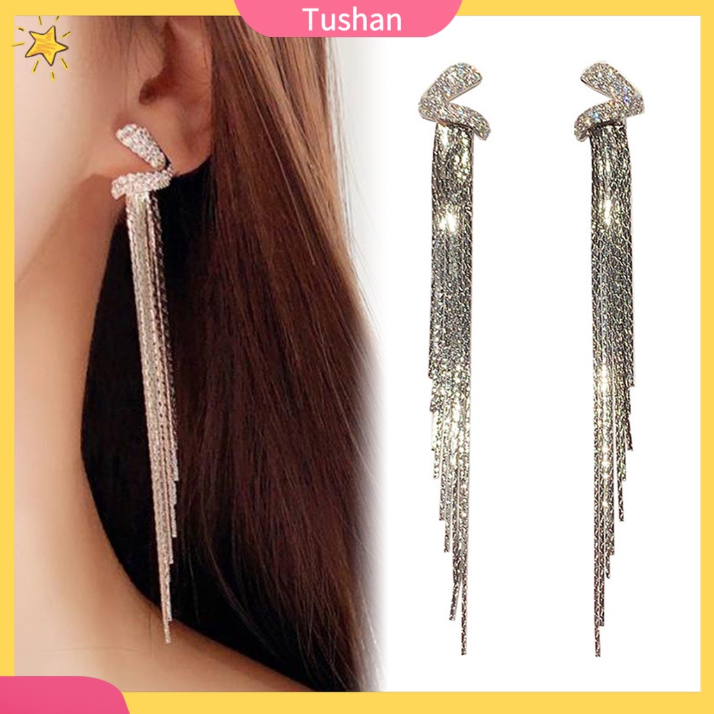 1 Đôi Bông Tai Dáng Dài Đính Đá Lấp Lánh Phong Cách Nhật Hàn