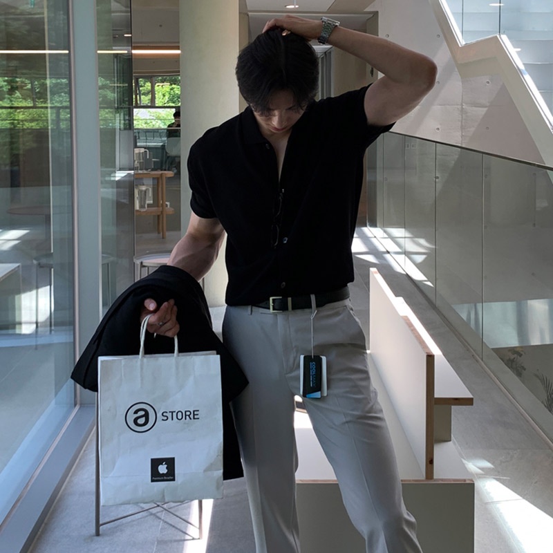 Áo Thun polo Dệt Kim Tay Ngắn Dáng Rộng Màu Đen Phong Cách Hàn Quốc Thời Trang Mùa Thu Cho Nam