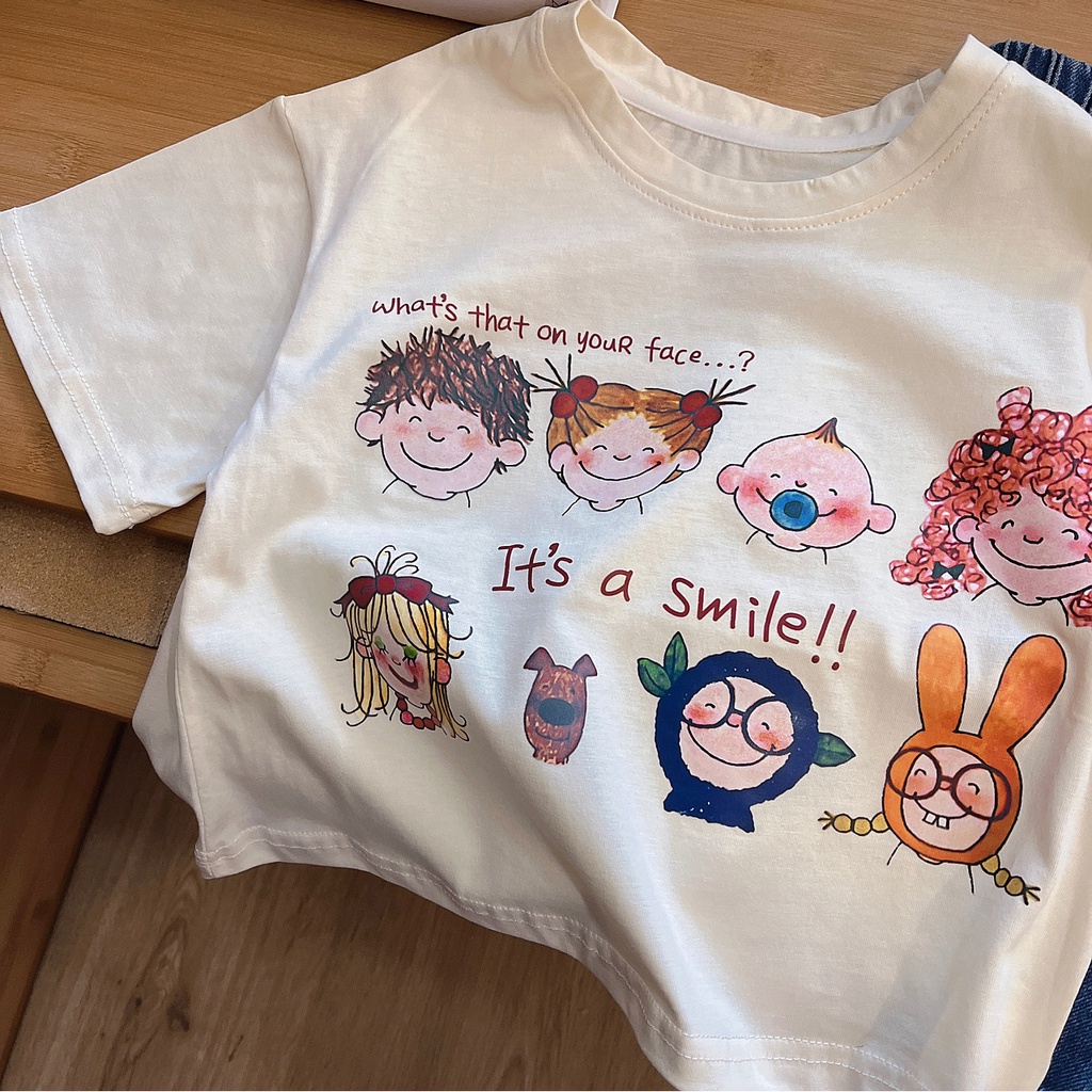 Áo Thun cotton Tay Ngắn Dáng Rộng In Họa Tiết Hoạt Hình Dễ Thương Cho Bé Gái