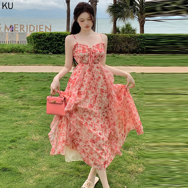 Hàng Mới Về Đầm Xòe Dài Hai Dây Nhấn Eo Họa Tiết Hoa Màu Trắng Thanh Lịch Thời Trang Mùa Hè 2023