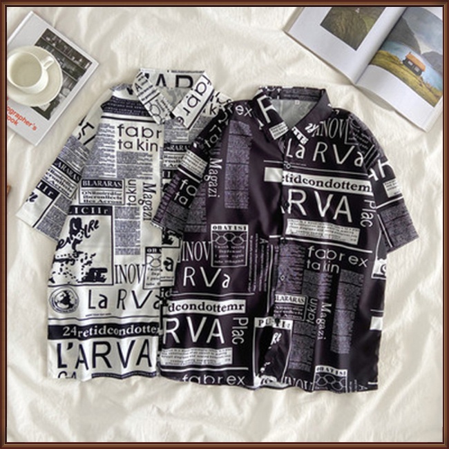 Áo Sơ Mi Tay Ngắn Dáng Rộng In Họa Tiết Tờ Báo Thời Trang Cho Cặp Đôi