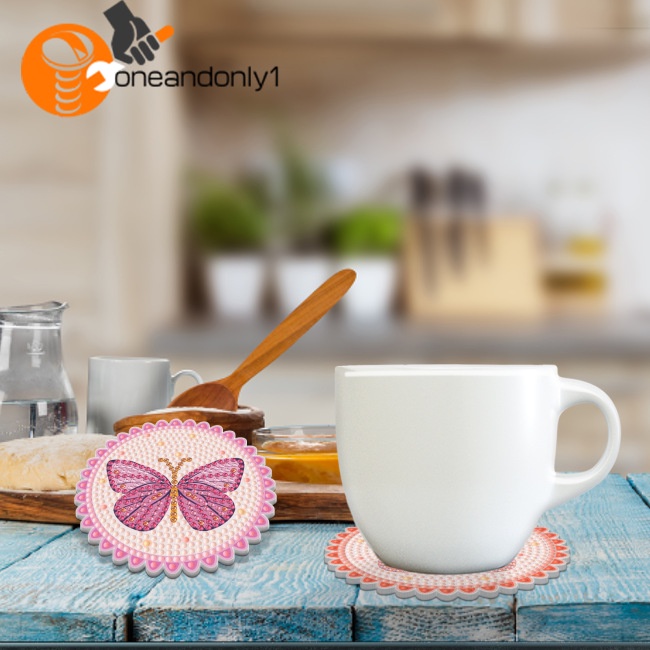 Bộ 6 Đế Lót Ly Hình Tròn Họa Tiết Bướm Đính Đá Nghệ Thuật Diy Kèm Giá Đỡ
