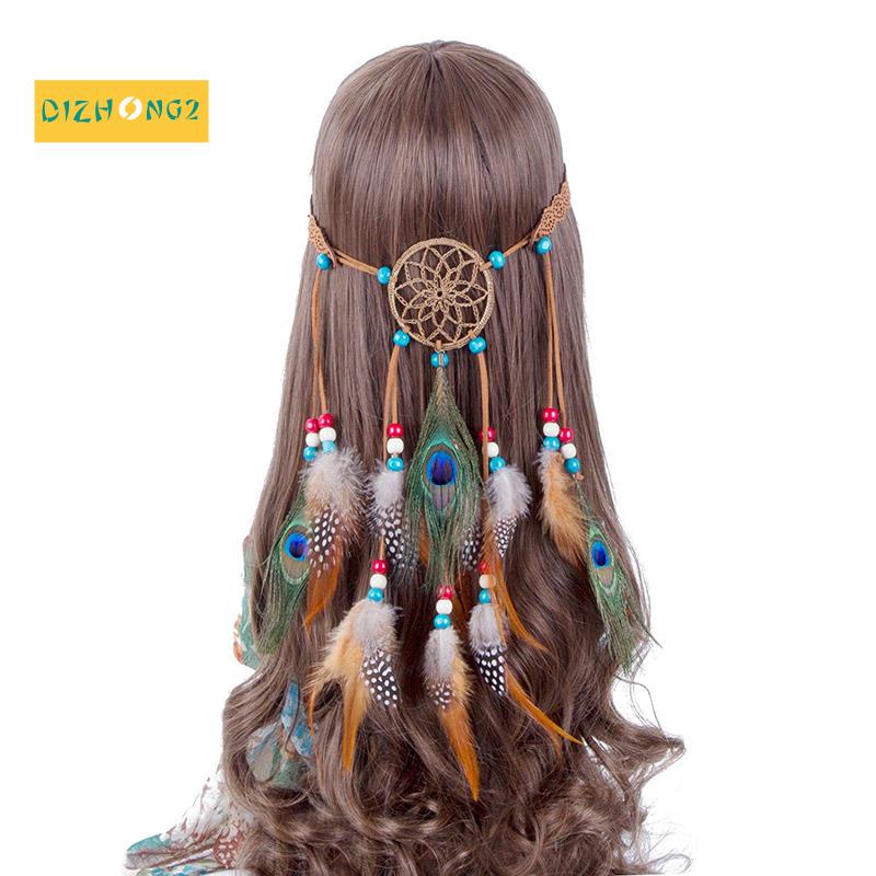 Băng Đô Cài Tóc Đính Lông Công Phong Cách Boho Thời Trang Mới (Màu Khaki)