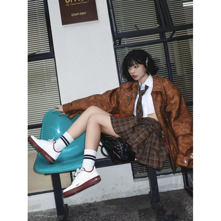 Áo Khoác Bóng Chày Da PU Dáng Ngắn Màu Nâu Cỡ Nhỏ Phong Cách Cổ Điển Thời Trang Xuân Thu Cho Nữ