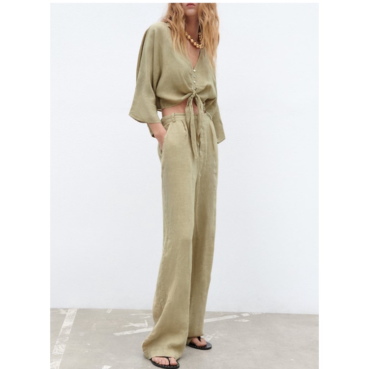 Set Áo Sơ Mi Cổ Chữ V Thắt Nút + Quần Dài Lưng Cao Ống Rộng Thời Trang Zara Mùa Hè 238372096 8372098