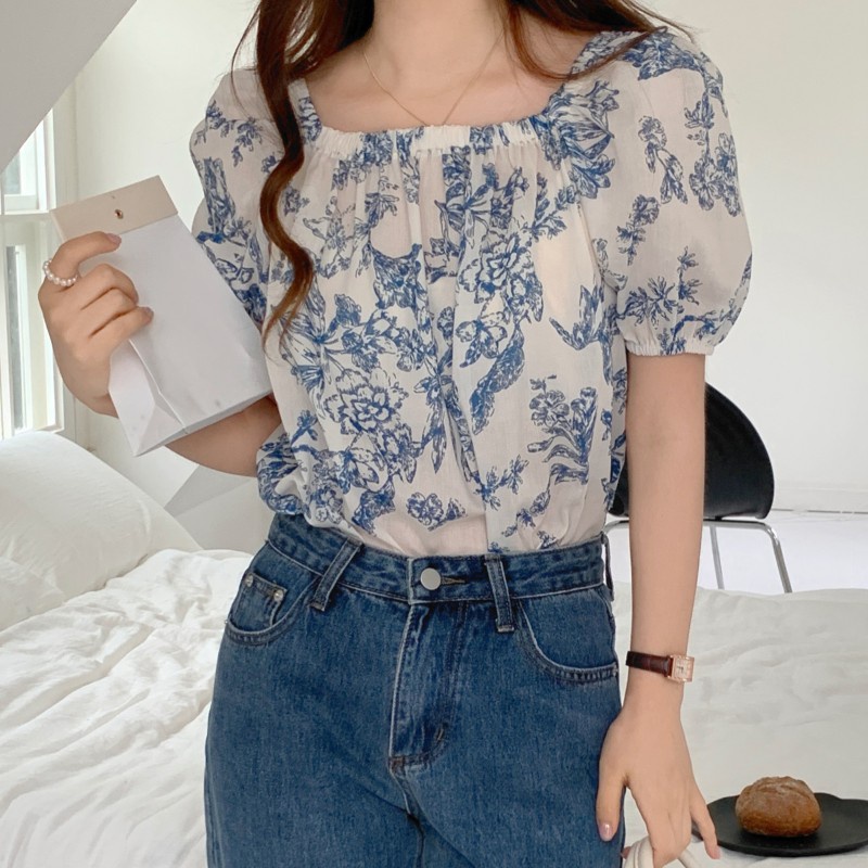 SUXI Áo Sơ Mi Trễ Vai Dáng Rộng In Họa Tiết Thời Trang Hàn Quốc Cho Nữ