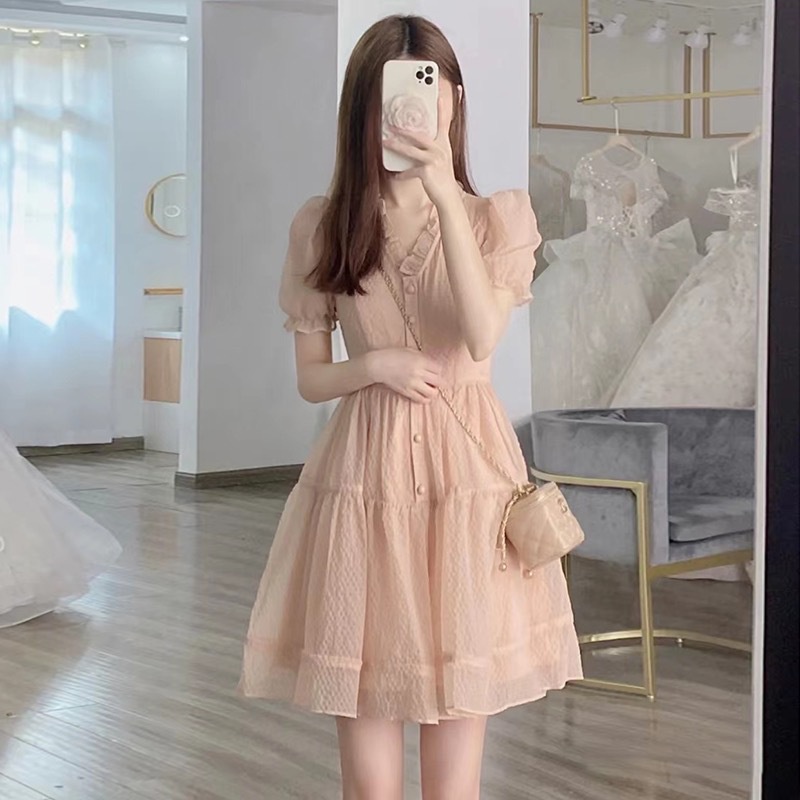 Đầm Ngắn Tay Phồng Cổ Chữ V Màu Hồng Thời Trang Mùa Hè Hàn Quốc Thanh Lịch Dành Cho Nữ