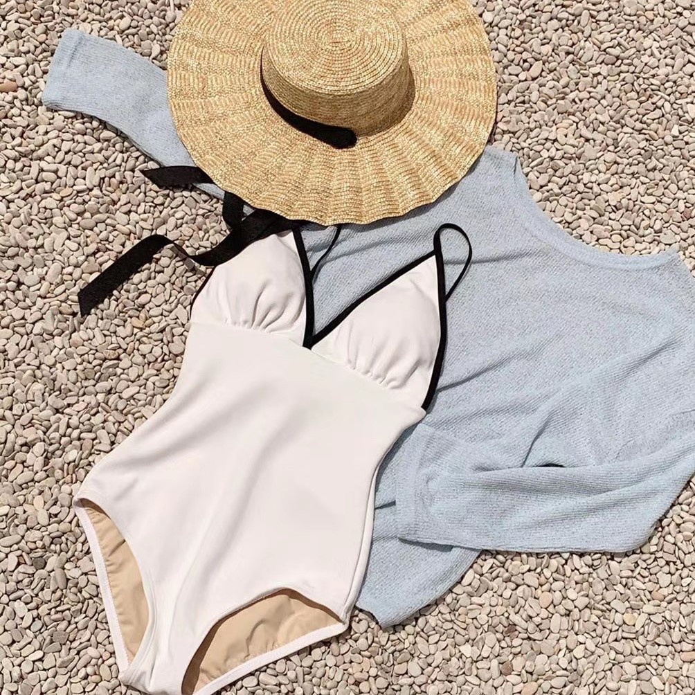 Bộ Đồ Bơi Một Mảnh Màu Trắng Đen Cổ Chữ V Khoét Sâu Phong Cách Retro Gợi Cảm Cho Nữ