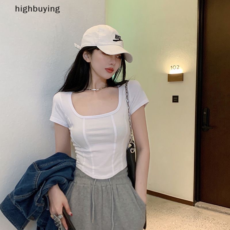 Áo Thun Lửng Cổ Vuông Tay Ngắn Màu Sắc Đơn Giản Cho Nữ