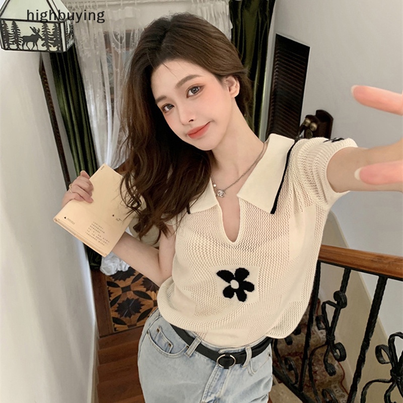 Áo Thun Croptop Dệt Kim Tay Ngắn Thêu Hoa Kiểu Retro Thời Trang Mùa Hè Cho Nữ