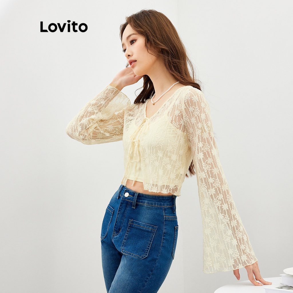 Set áo Lovito tay dài thắt nơ phối ren họa tiết hoa cơ bản cho nữ L47ED159 (màu mơ)