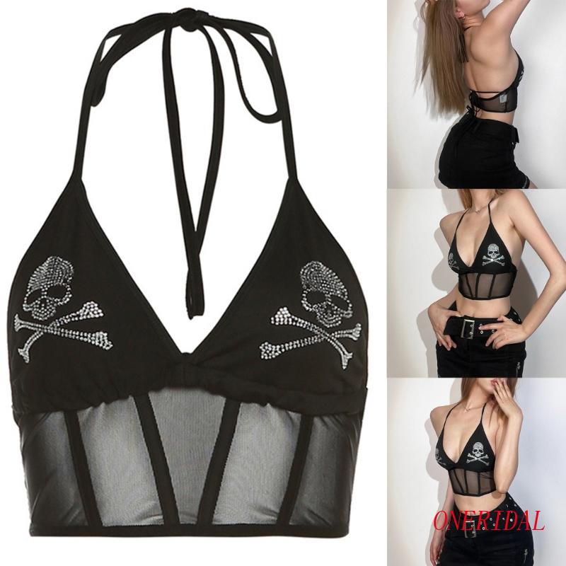 Áo Lưới Croptop Hai Dây Hở Lưng Đính Đá Hình Đầu Lâu Cá Tính Cho Nữ