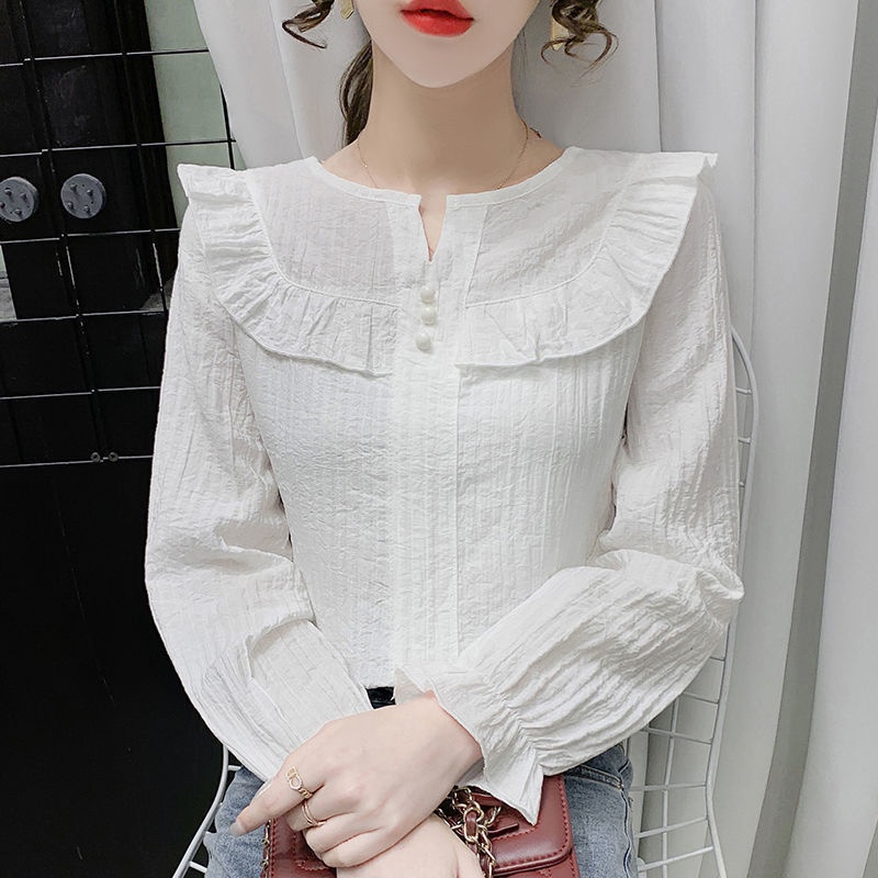 Áo Kiểu Tay Dài Phối Ren Phong Cách Pháp Thanh Lịch Cho Nữ