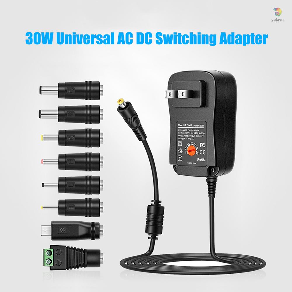 Bộ Chuyển Đổi Nguồn Điện AC Sang DC 30W Với Cổng USB 5V 2.1A 3V - 12V Với 8 Đầu Chuyển Đổi DC Dành Cho Gia Đình