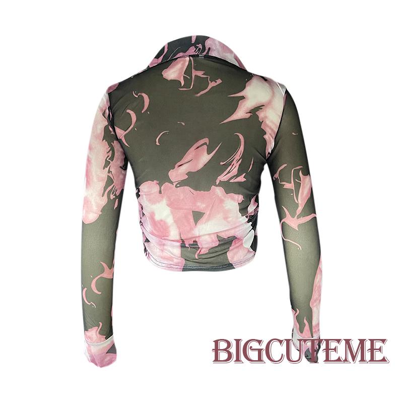 Áo Croptop Lưới Tay Dài Cổ Chữ V Màu Nhuộm Trang Trí Nút Giả Kiểu Đường Phố Cho Bạn Gái