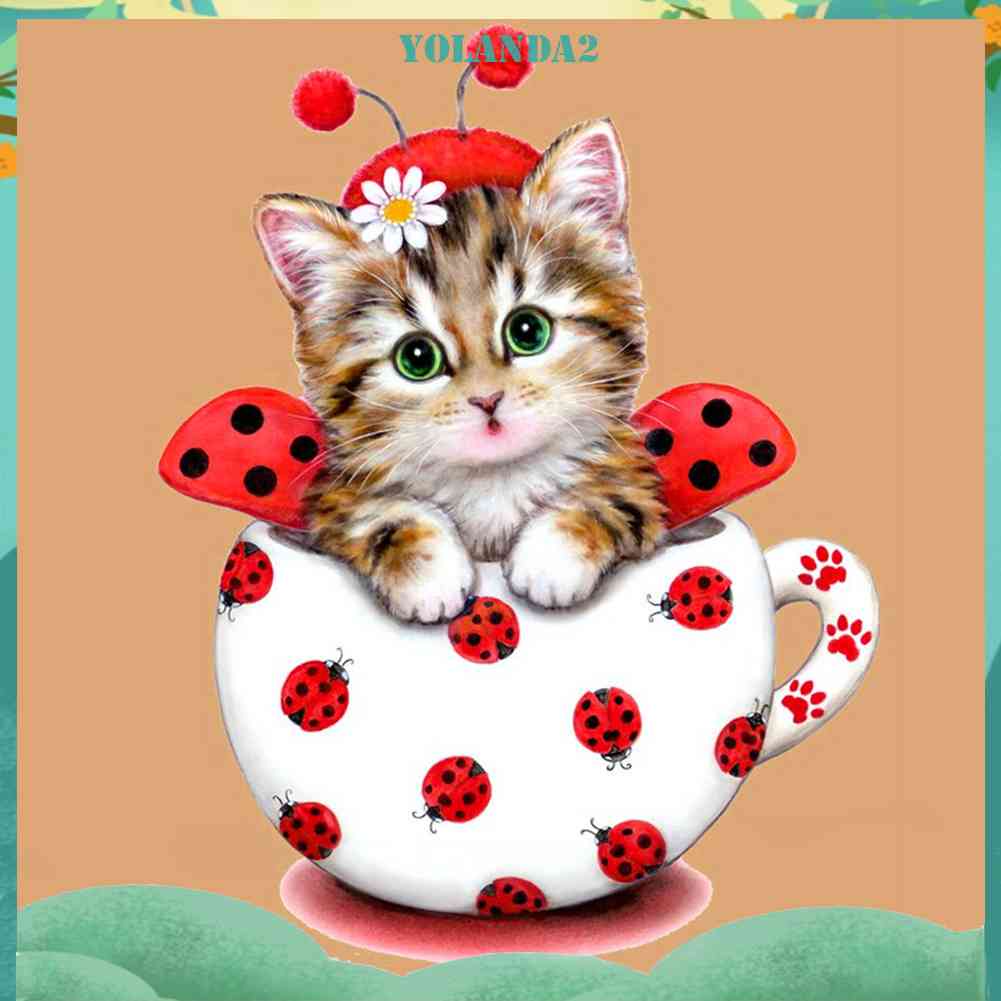 Bộ Tranh Đính Đá 5D Tự Làm Hình Mèo Đeo Cốc Đáng Yêu