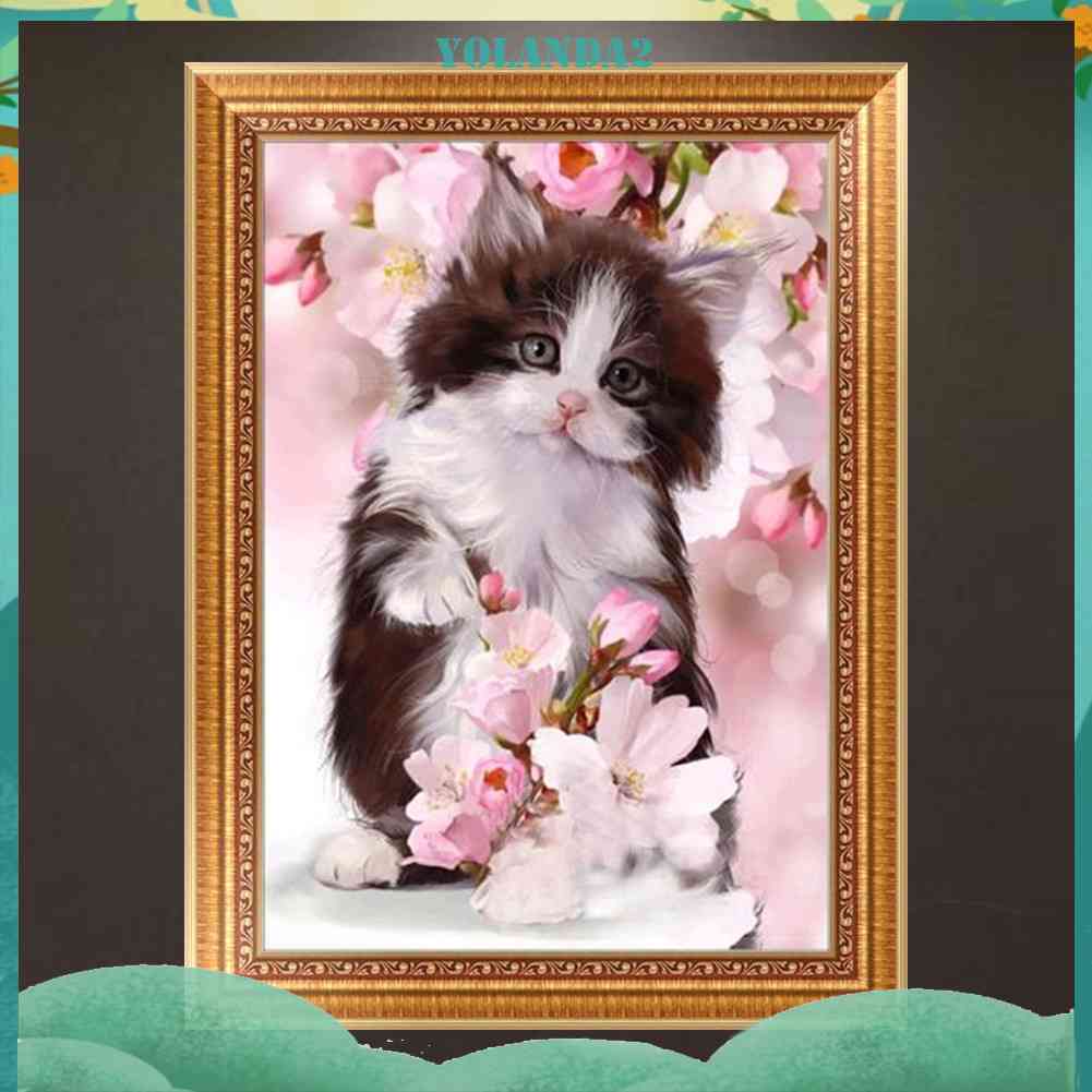 Tranh Thêu Trang Trí Thủ Công 5D Hình Mèo Và Hoa (Mũi Thêu Hình X)