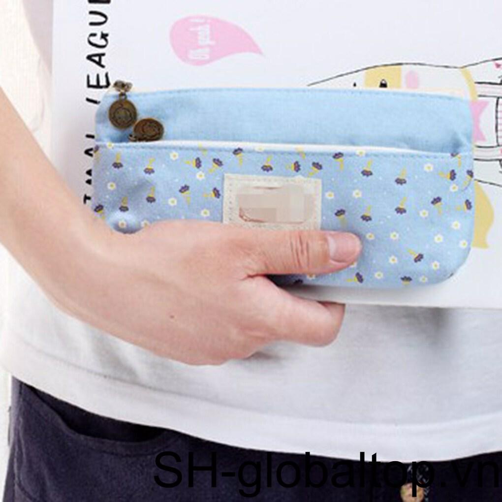 Túi Đựng Bút Hai Ngăn Có Khóa Kéo In Họa Tiết Hoa Xinh Xắn Dành Cho Học Sinh