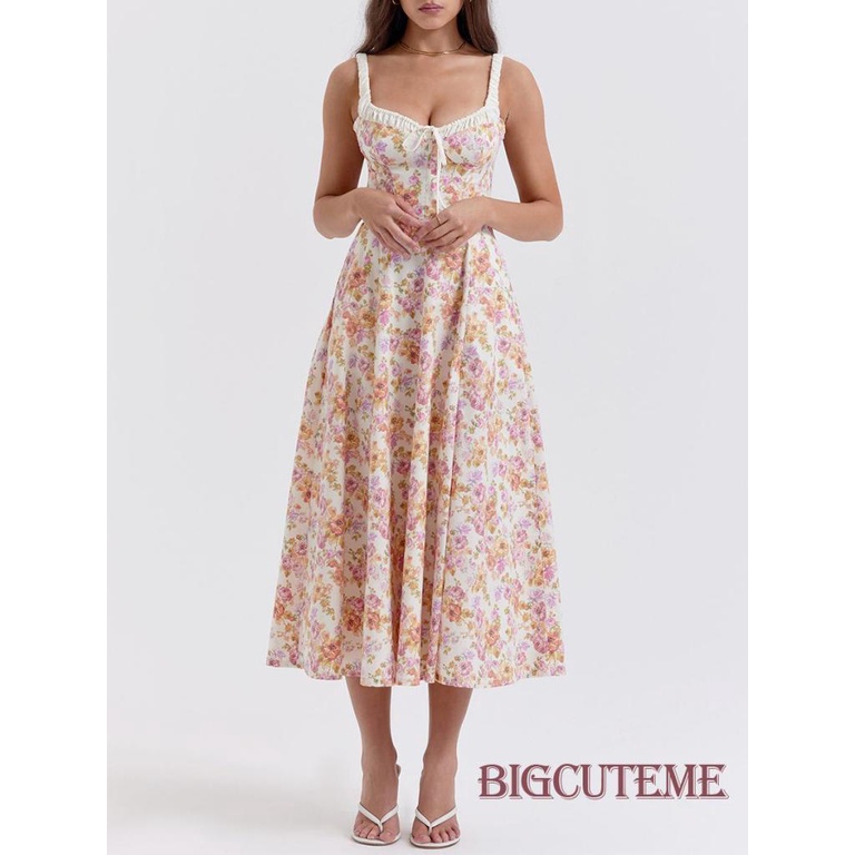 Đầm Midi Hai Dây Cổ Khoét Sâu In Họa Tiết Hoa Thời Trang Mùa Hè Cho Nữ
