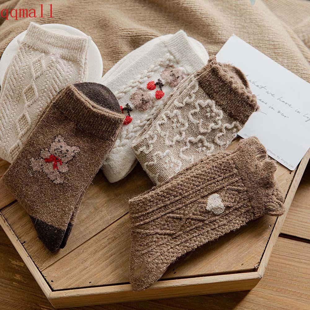 Vớ Len Lông Cừu Màu Cà Phê / Kaki Phối Ren Hình Trái Tim Thời Trang Harajuku Thu Đông Cho Nữ