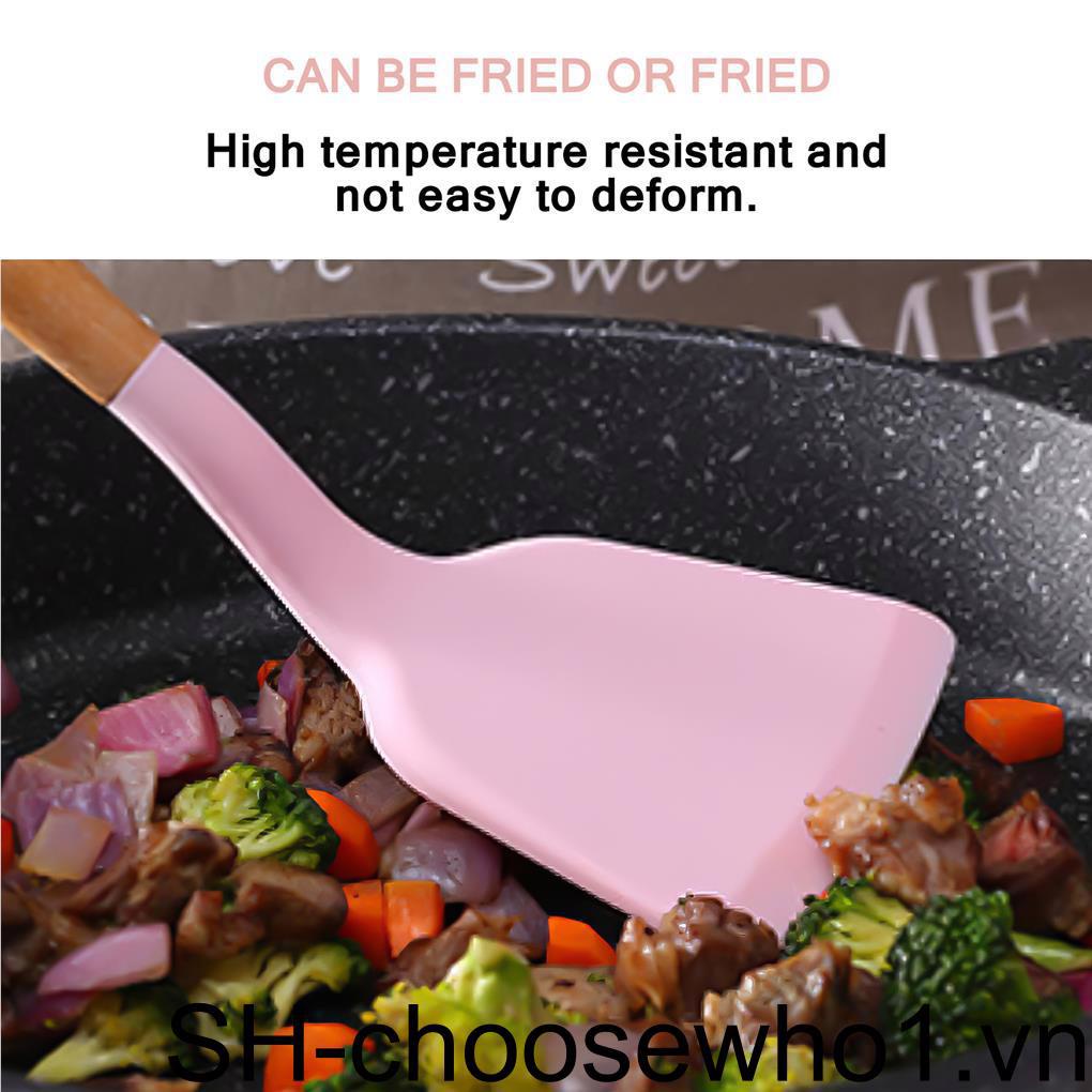 Bộ 13 Dụng Cụ Nấu Ăn Bằng Silicone Cán Gỗ Màu Hồng