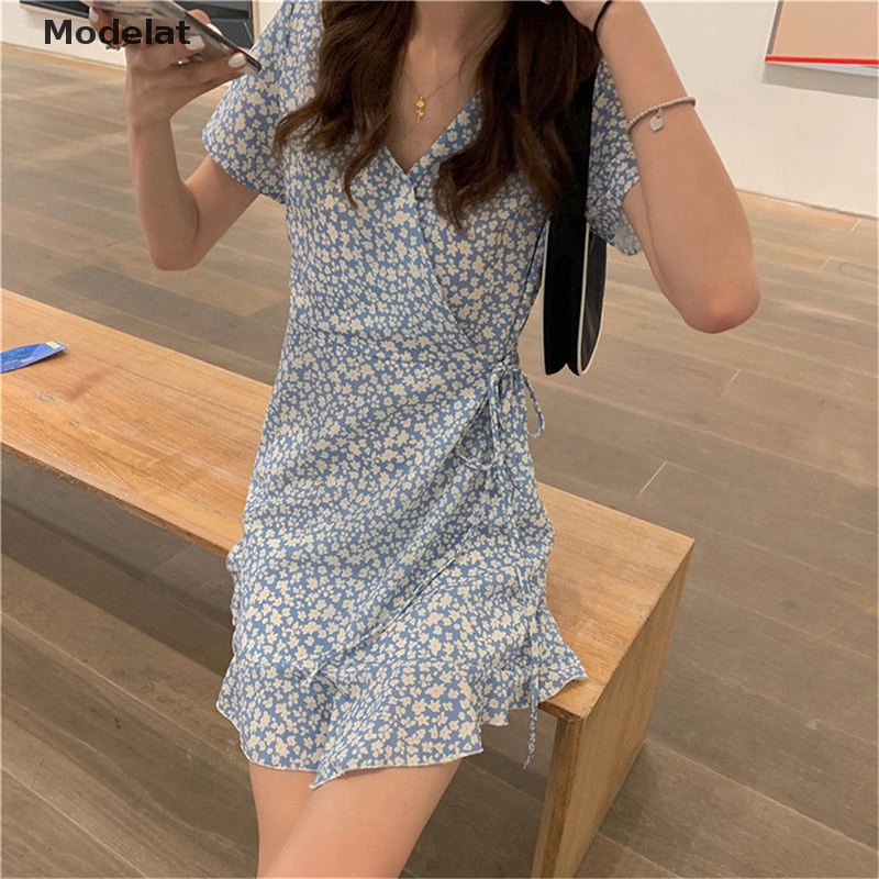 Đầm Tay Ngắn Cổ Chữ V In Họa Tiết Hoa Phong Cách Hàn Quốc Ngọt Ngào Thời Trang Mùa Hè Cho Nữ